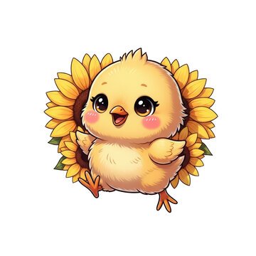 Adorable baby chick with sunflowers cute and charming