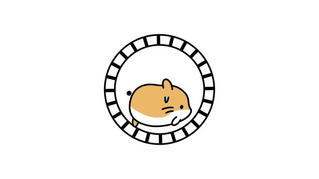 A small hamster running inside a circular wheel outline illustration featuring a minimal black and white sketch style with fine detailed lines