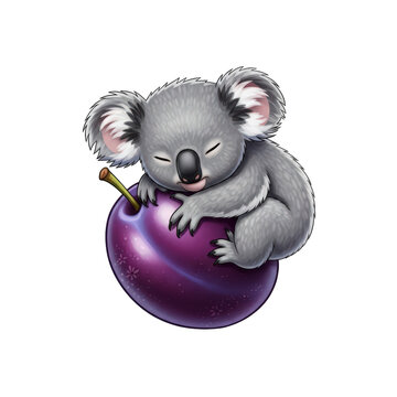 Adorable baby koala sleeping peacefully on a vibrant purple plum