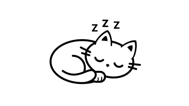 A cute white cat curled up sleeping with ZZZ letters floating above in a simple black outline doodle style on a clean white background illustration