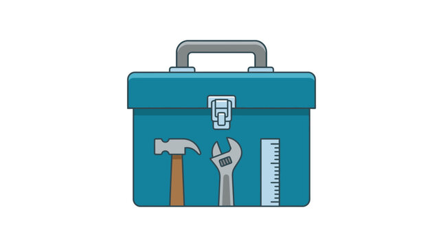 Vector illustration of a blue metallic tool box featuring a silver handle and latch, decorated with hammer, adjustable wrench, and ruler icons on a plain white background.