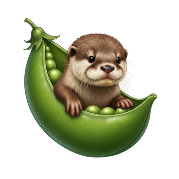 Adorable baby otter peeking out from a vibrant green pea pod
