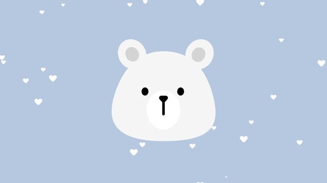 A single adorable white polar bear face on a soft blue snowy background illustration with a cute minimal cartoon style and small dot eyes and nose