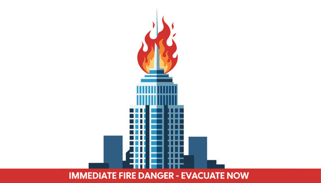 Skyscraper building is engulfed in bright orange flames under a warning banner for immediate fire danger and urgent evacuation instructions.