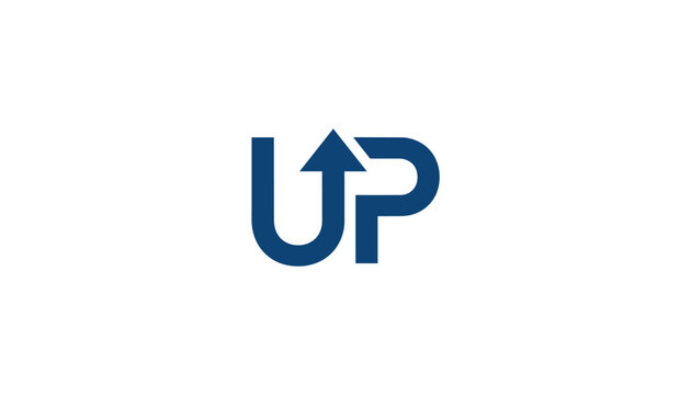 Minimalist corporate logo features the word up in bold dark blue font with an integrated arrow pointing upwards to represent growth and success.