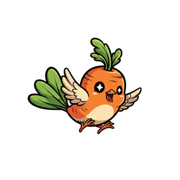 Adorable cartoon carrot bird with sparkling eyes and green leafy wings