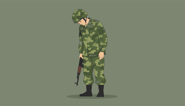 Poignant illustration of a sad soldier in a green camouflage uniform looking down dejectedly while holding his rifle on a dark olive background.