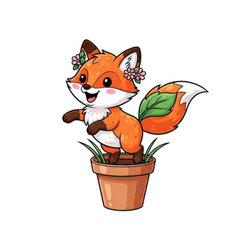 Adorable cartoon fox with flowers in a pot