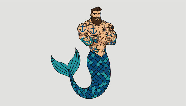 Strong muscular merman with a full beard and tattooed upper body stands with his arms crossed showing his detailed blue fish tail and scales.