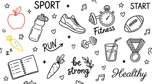 Healthy lifestyle and fitness training vector doodle pattern background with sport nutrition and workout symbols
