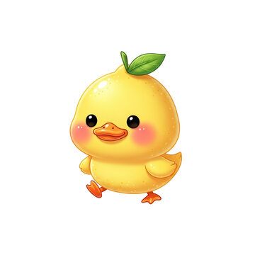 Adorable cartoon yellow duckling with green leaf on head