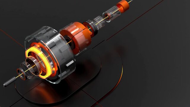 A 4K seamless loop animation featuring a futuristic mechanical core with transparent and metallic parts aligned in an exploded assembly view. Ideal for technology visuals, engineering concepts, produc