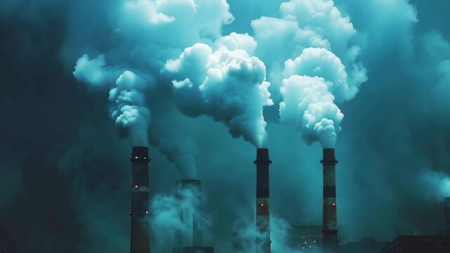 Industrial chimneys releasing dense smoke, impacting air quality and contributing to environmental pollution