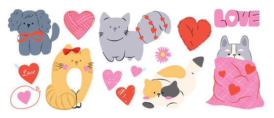 Fototapeta na wymiar Cute dog and cat love vector set. Adorable cartoon pets with hearts, envelope, paper plane, bone, yarn ball and sweet Valentine sticker elements.