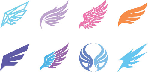 Fototapeta premium Stylized colorful feather wing vector icon set with heraldic freedom flying and tattoo logo symbols