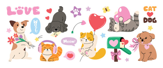 Obraz na płótnie Canvas Cute dog and cat love vector set. Adorable cartoon pets with hearts, envelope, paper plane, bone, yarn ball and sweet Valentine sticker elements.