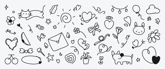 Fototapeta premium Cute doodle vector set. Hand drawn black line art icons with hearts, animals, flowers, envelope, bow, balloon, cloud and playful decoration.