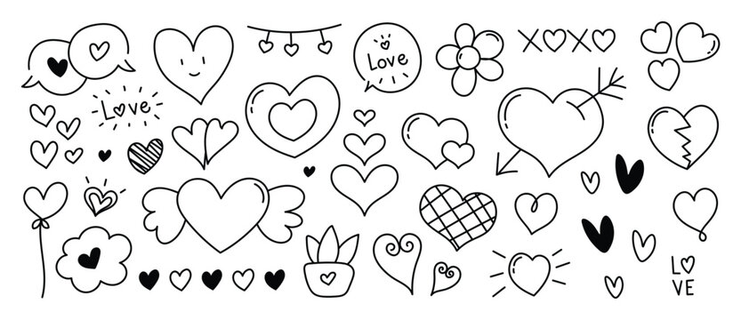 Valentine doodle vector set. Hand drawn black and white love hearts, arrows, flowers, envelope, speech bubble and romantic line art elements.