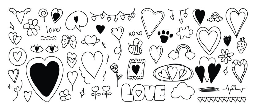 Valentine doodle vector set. Hand drawn black and white love hearts, arrows, flowers, envelope, speech bubble and romantic line art elements.