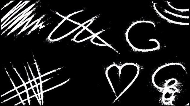 Grunge white chalk scribbles hand drawn heart spirals abstract sketch black background. edgy hand-drawn elements for street art or creative overlays.