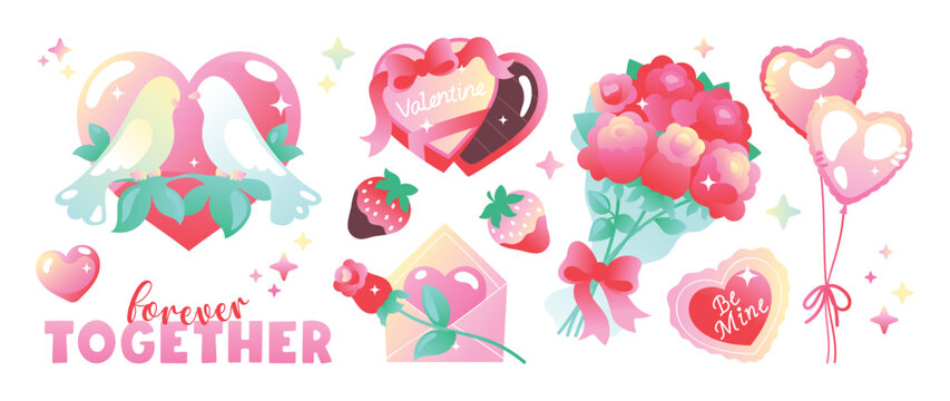Valentine love vector elements set. Pastel birds, bouquet, envelope, strawberries, heart balloons and romantic stickers for greeting card decoration.
