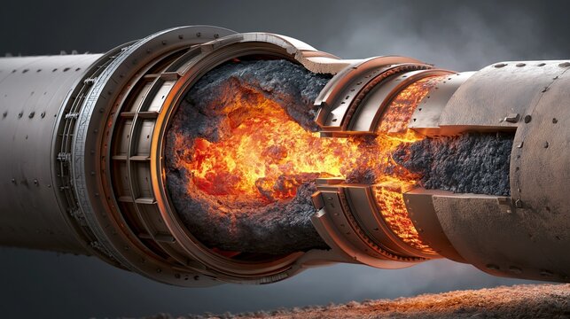 Medium shot of a rotary kiln cutaway showcasing raw mix gradually converting into clinker highlighted by vibrant ember tones and detailed metallic parts with focus on intense heat