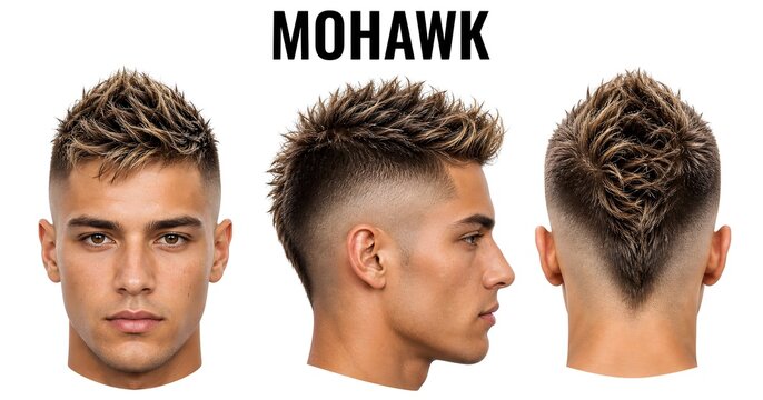 Modern mohawk haircut template from front, side, and back views.