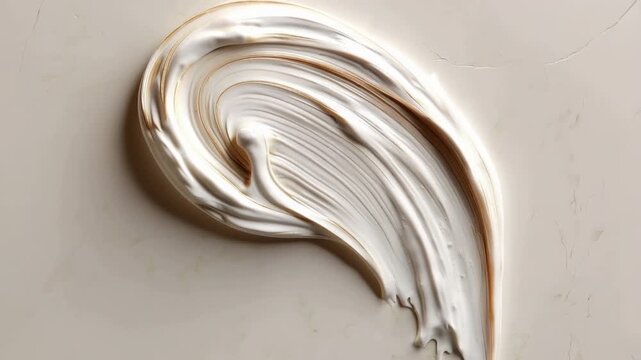 Swirling white cosmetic cream or lotion creating a sample smear on a subtle beige textured surface