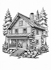 Naklejka premium Rustic Cabin in the Woods: A charming log cabin, nestled among tall pine trees, features a stone foundation and a welcoming porch, evoking a sense of peaceful solitude and natural retreat.