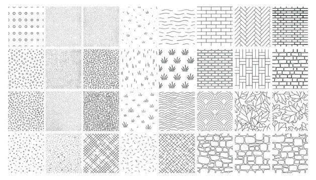 Diverse collection of seamless textures and patterns, including natural elements and geometric shapes, transparent vector art.
