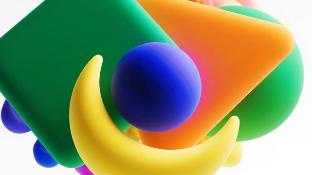 Abstract 3D composition featuring a blue sphere, a green rounded cube, and a large orange triangle with soft edges overlapping on a bright white background for minimalist design.