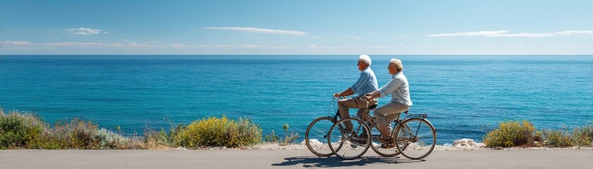 Fototapeta premium Two elderly people ride bicycles side by side along a coastal road with the ocean and clear sky in the background.