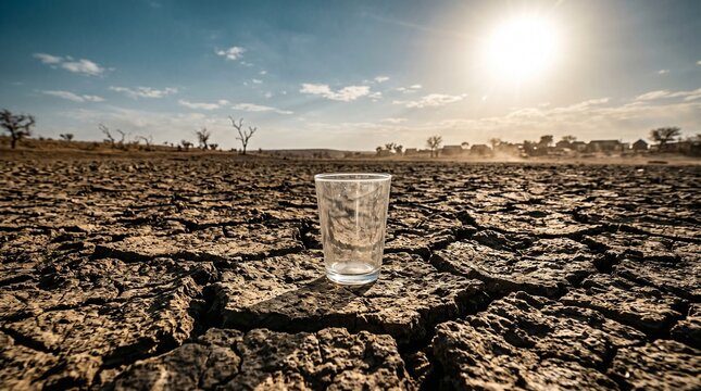 Water scarcity concept with empty drinking glass on parched barren land.