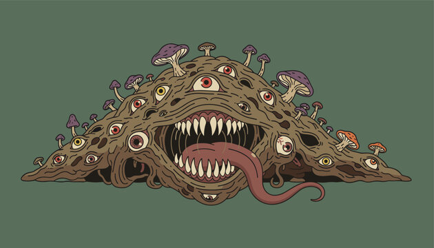 Terrifying multi-eyed creature covered in purple and brown mushrooms features a wide open mouth with sharp teeth and a long tongue.