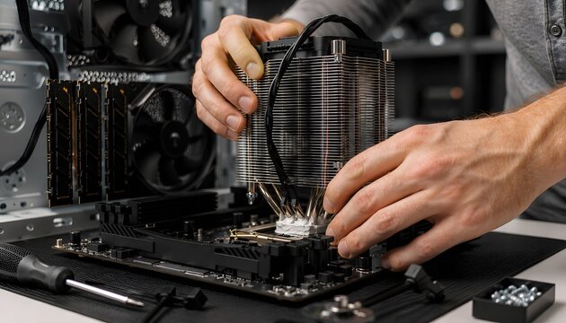 Computer technician hands installing large cpu cooler heatsink on motherboard during pc assembly