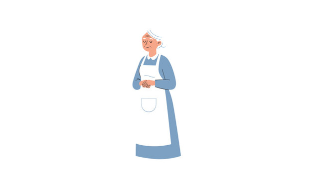 Kind elderly grandmother wearing a blue dress and a clean white apron stands peacefully with her hands clasped together with a smile.