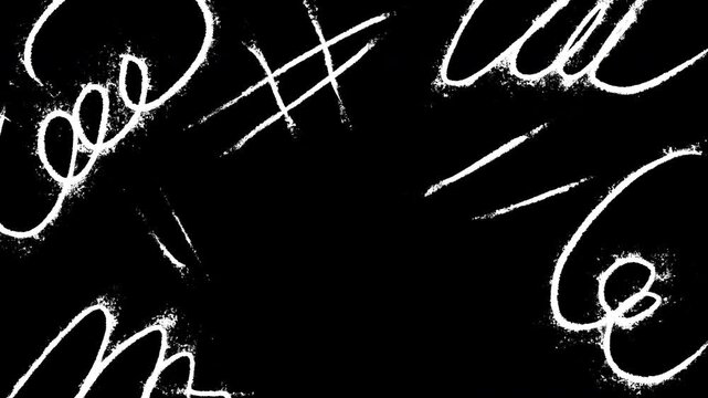 Grunge white chalk scribbles abstract hand-drawn patterns on black background texture. perfect for edgy design overlays or artistic backgrounds.