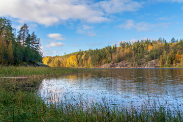 Fototapeta premium View from the shore of Lake Ladoga in the Ladoga Skerries National Park, near the village of Lumivaara, on a sunny autumn day, Republic of Karelia, Russia