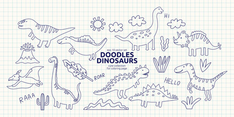 Outline Cute Dinosaur Set Clipart on Checkered Notebook Paper Bg. Line Dino Animal Kit. Doodle Dinosaur Collection for Color Page Book. Vector Handdrawn Illustration © Anna Drozdova