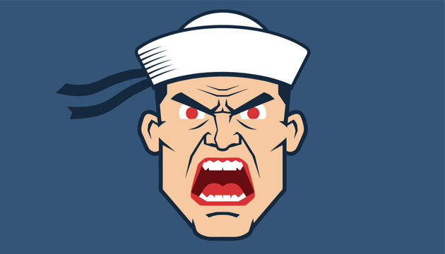 Aggressive face of a cartoon sailor with red eyes and a wide open shouting mouth expresses intense anger or frustration.