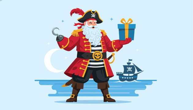 Jolly pirate captain with a white beard and a hook hand happily presents a blue gift box on a beach at night with his ship.