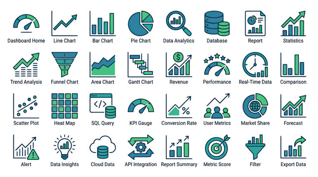 Data Analytics Icons: Charts, Graphs, Reports, and Business Metrics