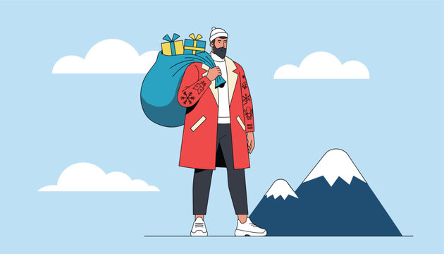 Tall man in a stylish red coat and white hat carries a large blue sack full of christmas gifts in a snowy mountain landscape.