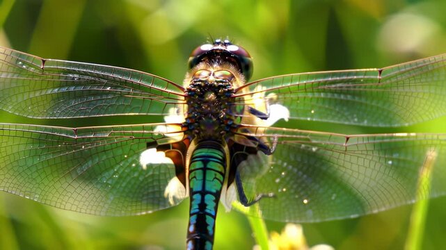 Close-up of a vibrant dragonfly, showcasing delicate wings and details