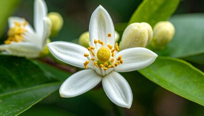 Fototapeta premium Close-up of white orange blossoms on tree.