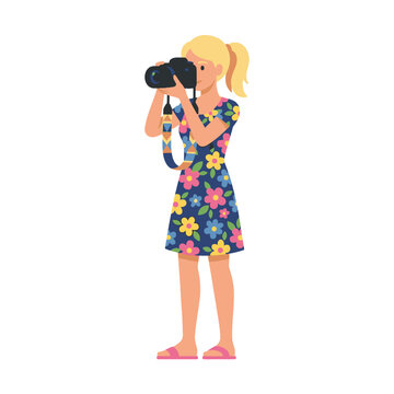 Blonde photographer in floral dress holding camera barbie vector