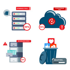 Storage full warning set collection. Server, cloud and trash bin icons with 99% alert for data capacity, disk space error and file deletion management concept. © AlHanif