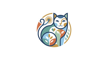 Abstract Cat Logo Design with Botanical Elements in Circle © Ahmad Zayyan Rafif A