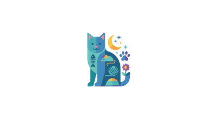 Abstract Geometric Cat Illustration with Playful Icons © Ahmad Zayyan Rafif A