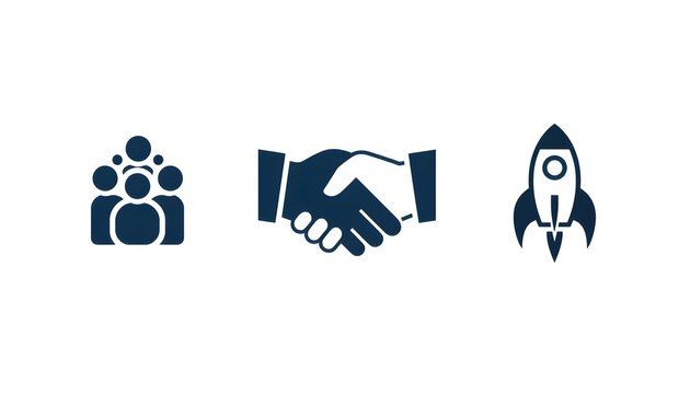 Dark Blue Startup Partnership Handshake Icon with Rocket Launch Symbol
